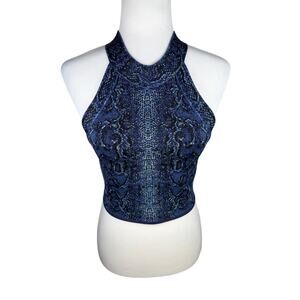 BCBGMaxAzria Blue SnakeSkin Print High Neck Stretch Crop Top Small